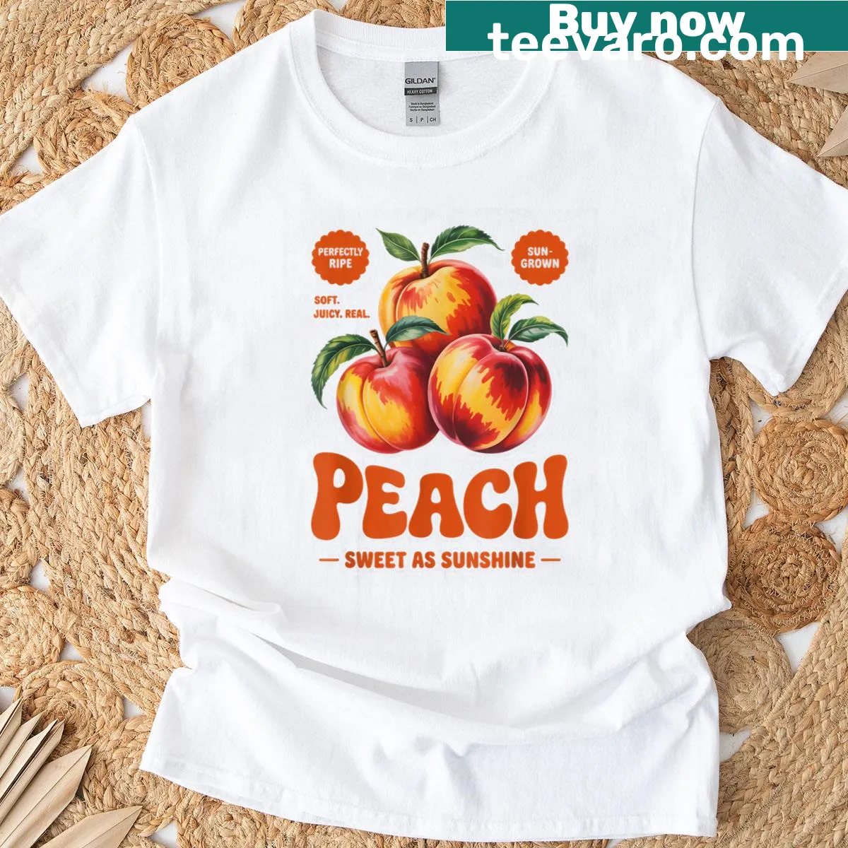 Vintage t-shirt with a peach graphic and sweet message about picking at dawn — on a men's t-shirt