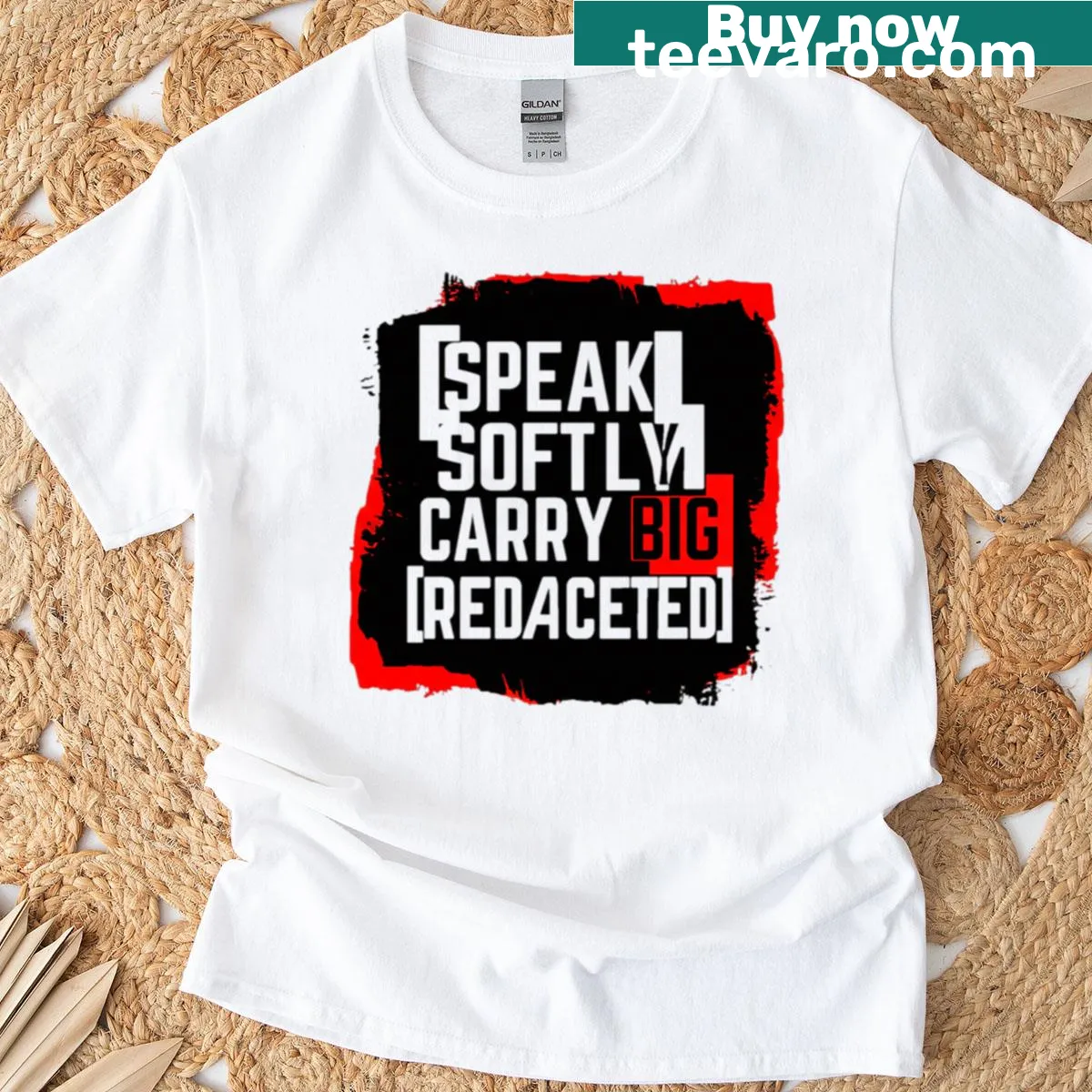Street art-inspired t-shirt with the phrase 'Power Redacted' — on a men's t-shirt