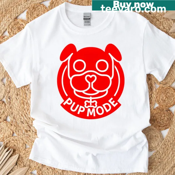 Red t-shirt with 'Pup Mode' in a stuffed graphic style.