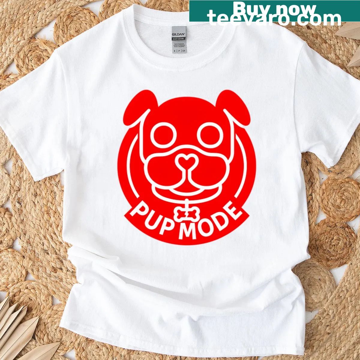 Red t-shirt with 'Pup Mode' in a stuffed graphic style. — on a men's t-shirt