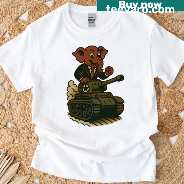 Humorous oversized T-shirt with elephant and tank design