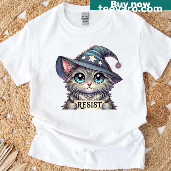 T-shirt with a cute witch cat graphic promoting activism