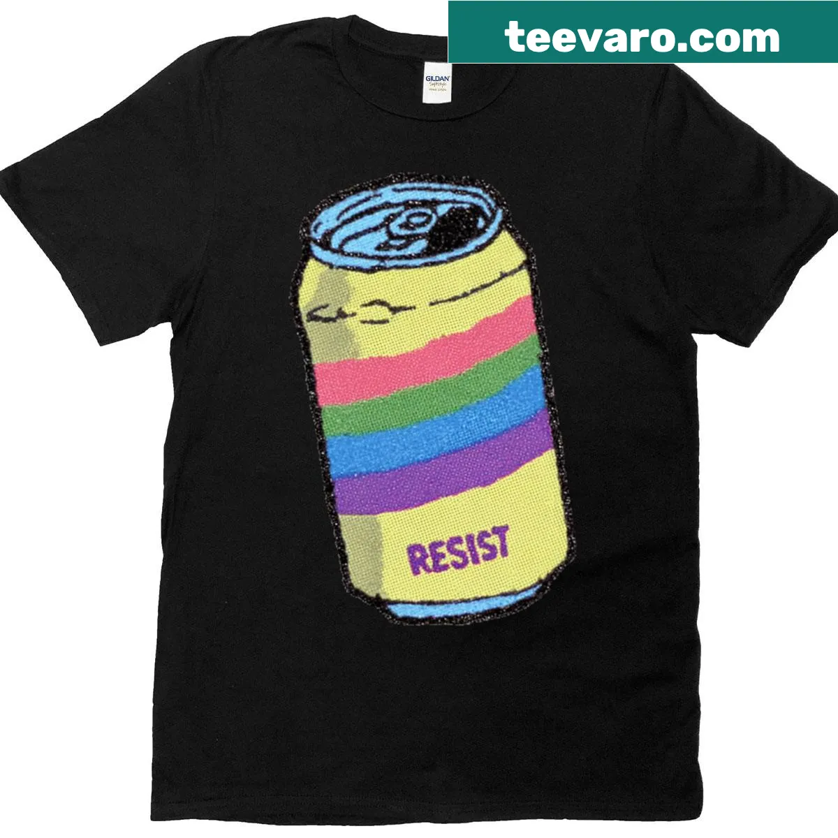 Retro pop art T-shirt featuring a soda can graphic with the word 'Resist' — on a men's t-shirt