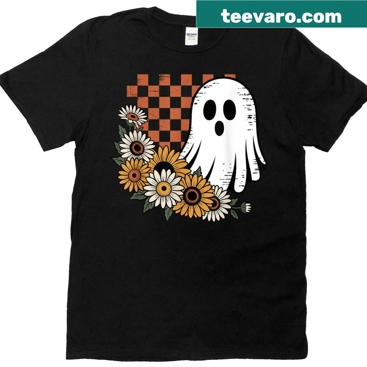 Retro ghost with sunflowers graphic on vintage t-shirt — on a men's t-shirt