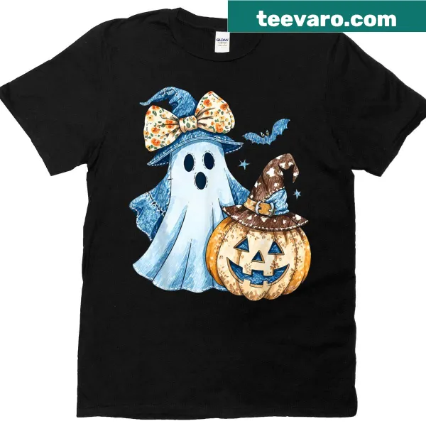 Patchwork ghost and pumpkin design on a Halloween t-shirt