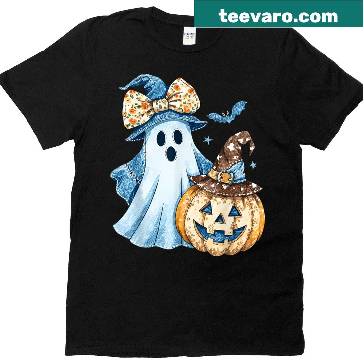 Patchwork ghost and pumpkin design on a Halloween t-shirt — on a men's t-shirt