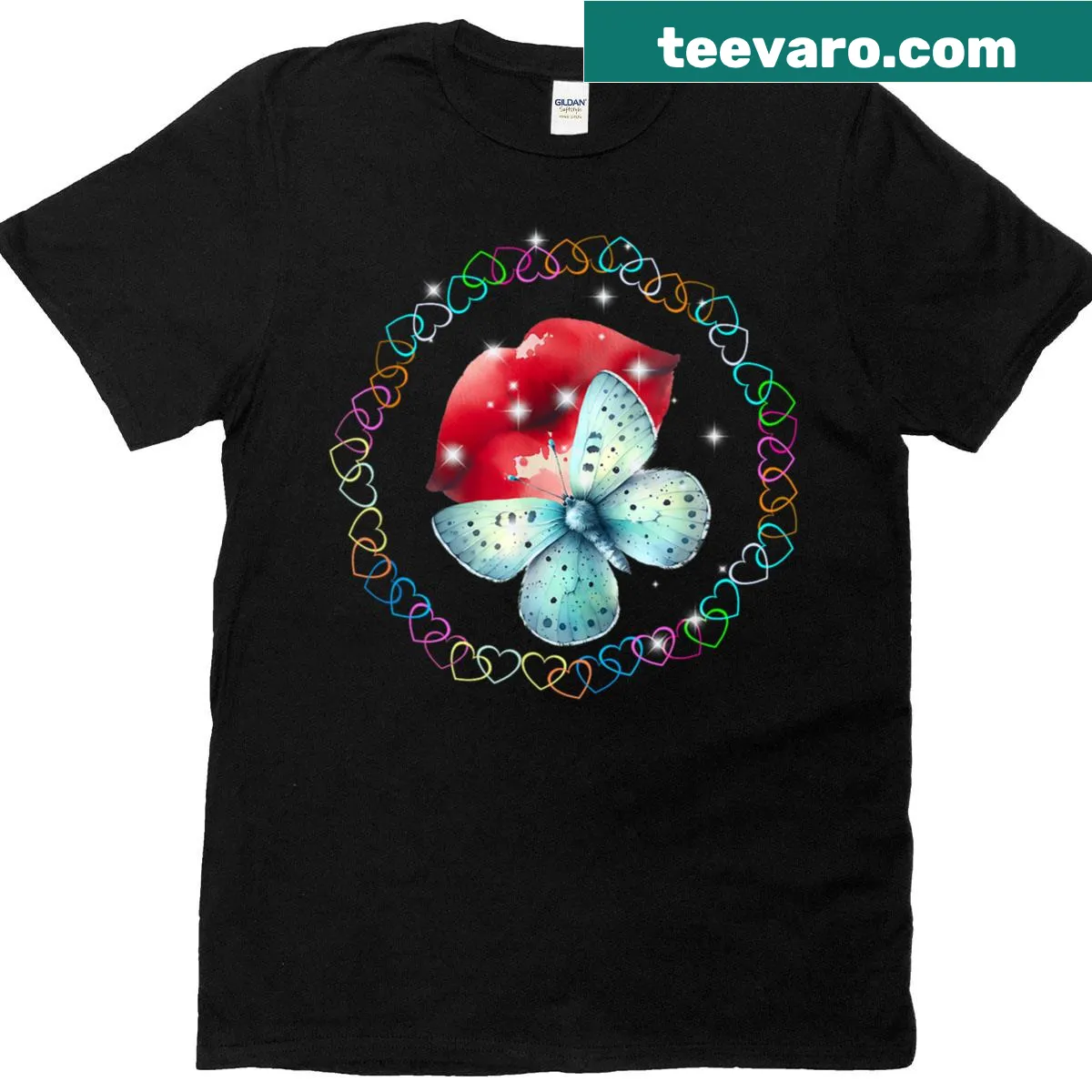 Illustrative T-shirt with heart kissing mouth and butterfly lips design — on a men's t-shirt