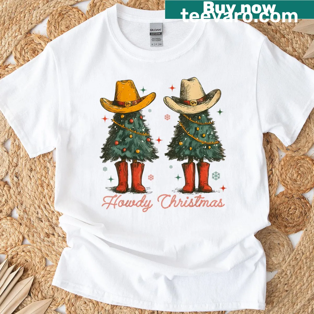 Retro cowboy greeting Christmas with a tree illustration — on a men's t-shirt