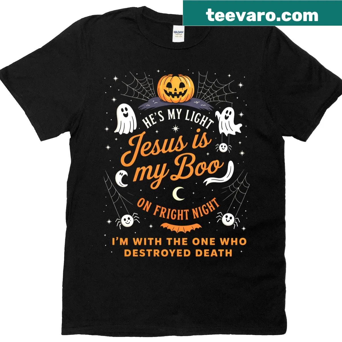 Retro 'Jesus Is My Boo' graphic on Halloween-themed t-shirt — on a men's t-shirt