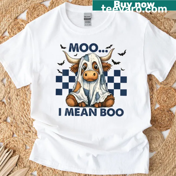 Funny Halloween t-shirt with a cow ghost and punny text