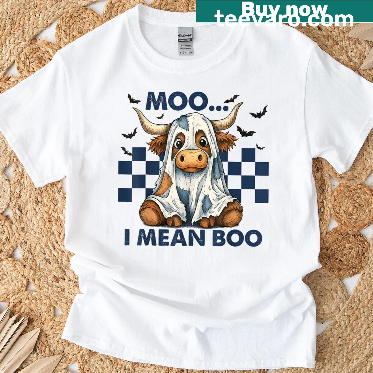 Funny Halloween t-shirt with a cow ghost and punny text — on a men's t-shirt