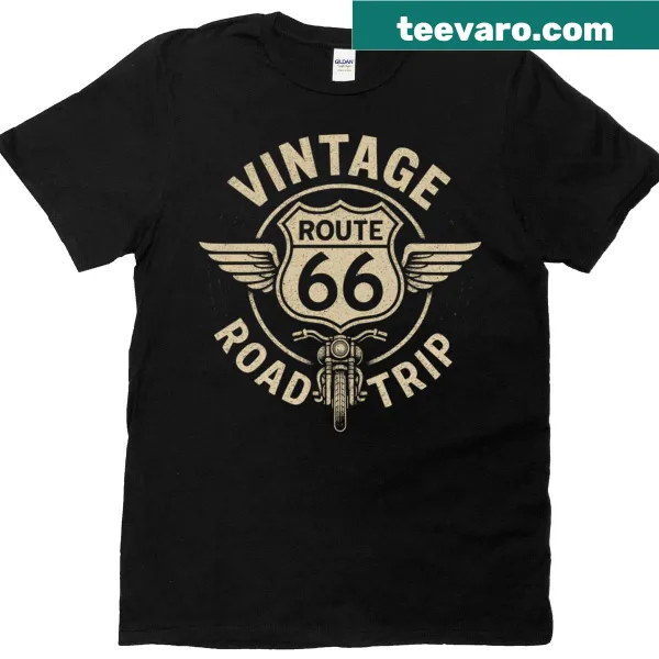 Vintage Route 66 graphic on a motorcycle-themed tee