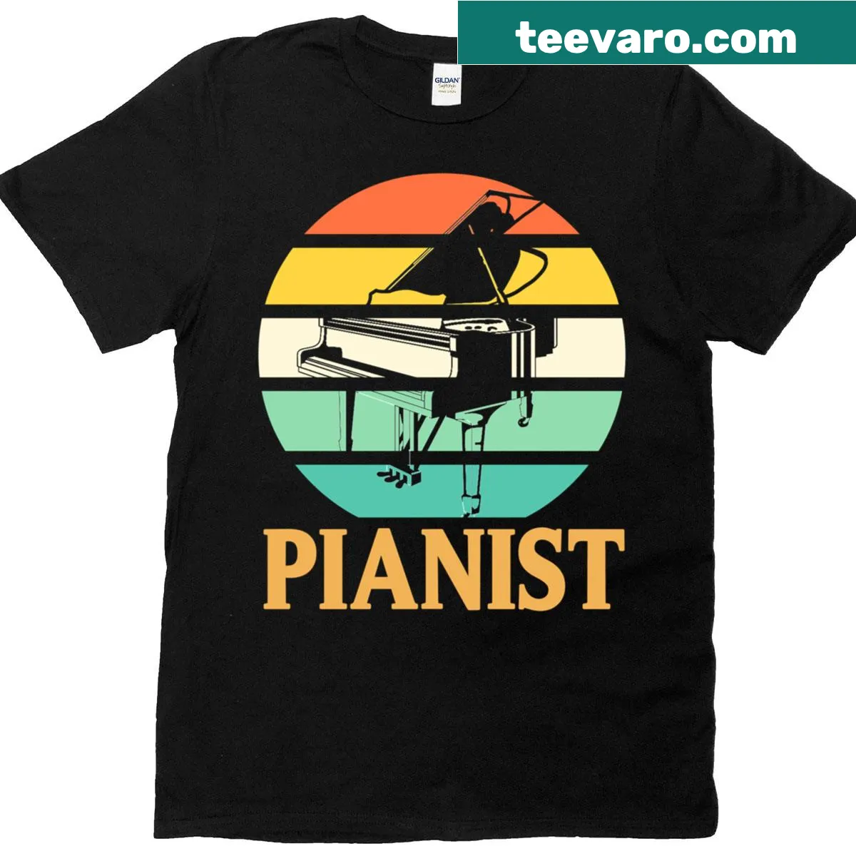 Vintage pianist sunset graphic on a musician's T-shirt — on a men's t-shirt