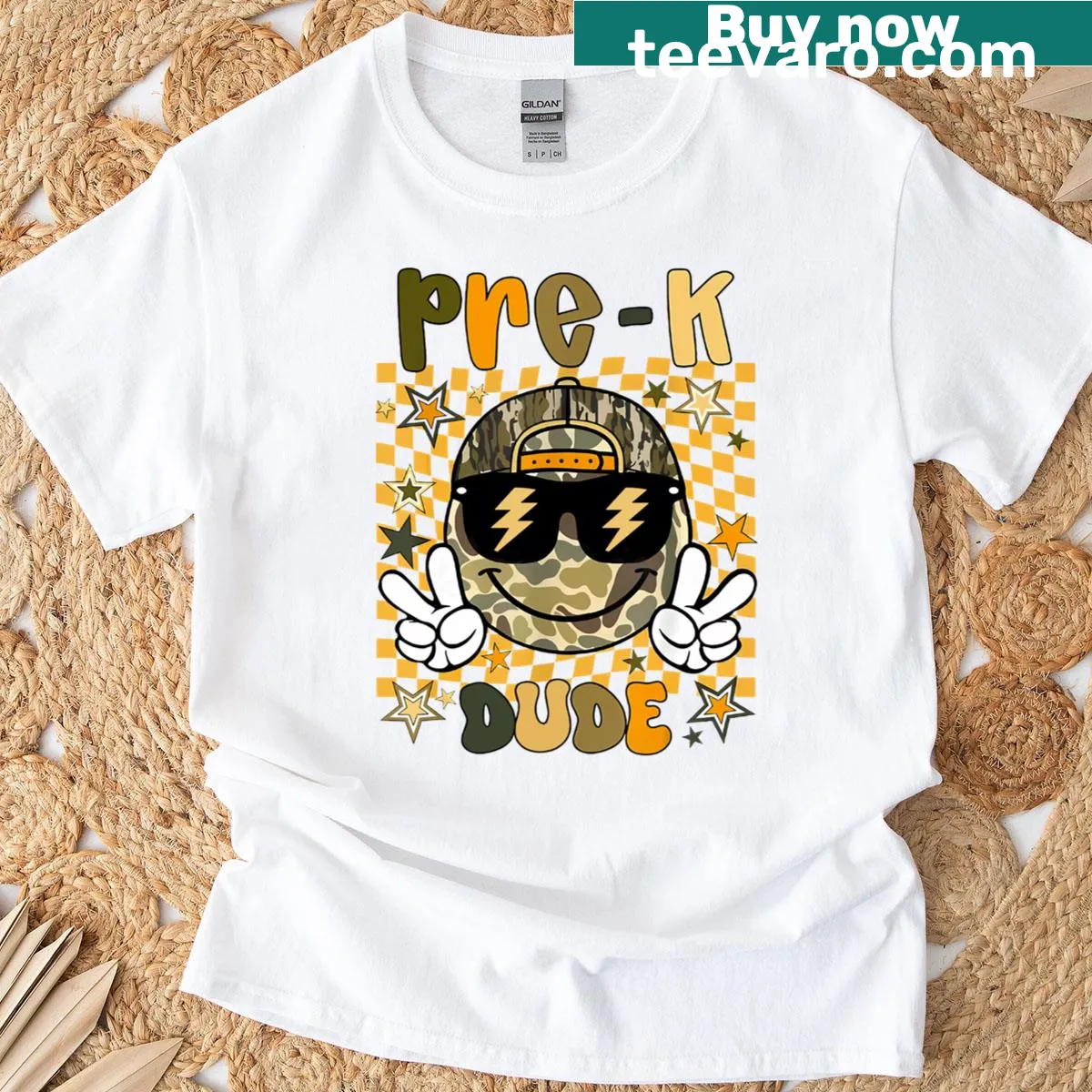 Kids' cartoon camo back-to-school t-shirt — on a men's t-shirt