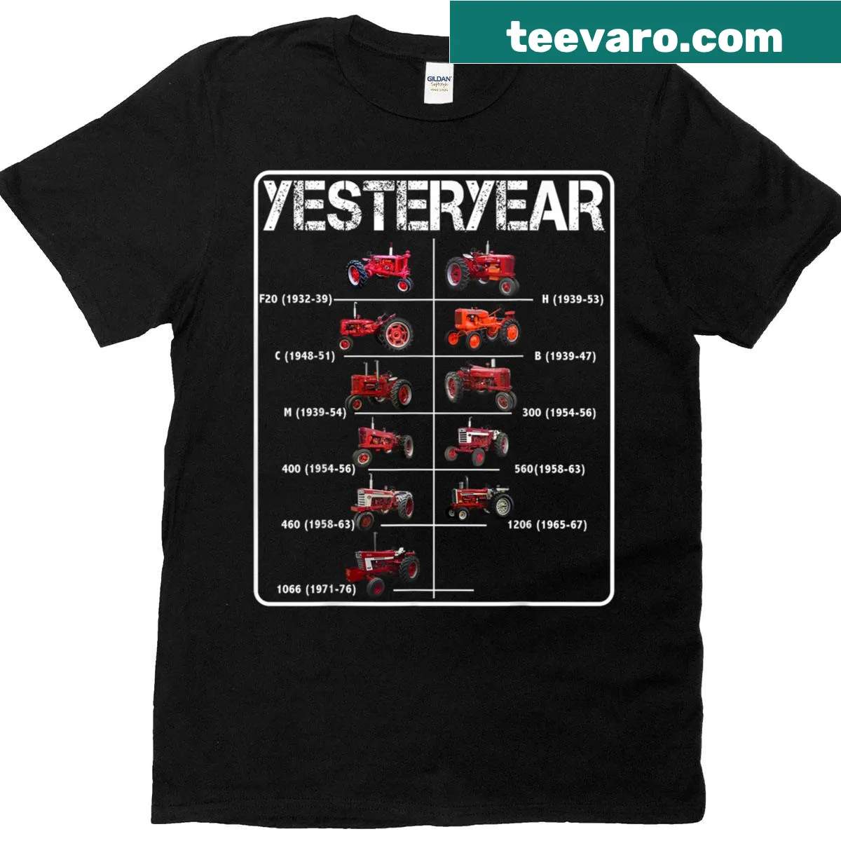 Vintage T-shirt featuring a classic red tractor design from yesteryear. — on a men's t-shirt
