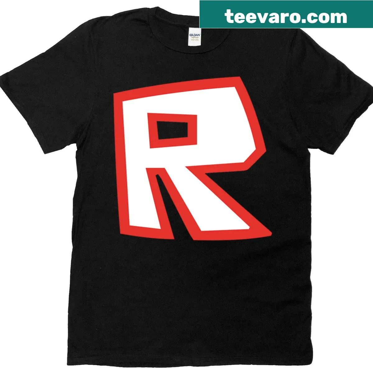 Oversized shirt featuring a retro Roblox R logo illustration — on a men's t-shirt