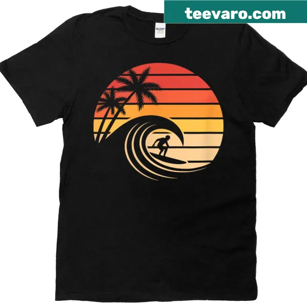 Vintage-style surfer T-shirt depicting a retro surfing sunset scene