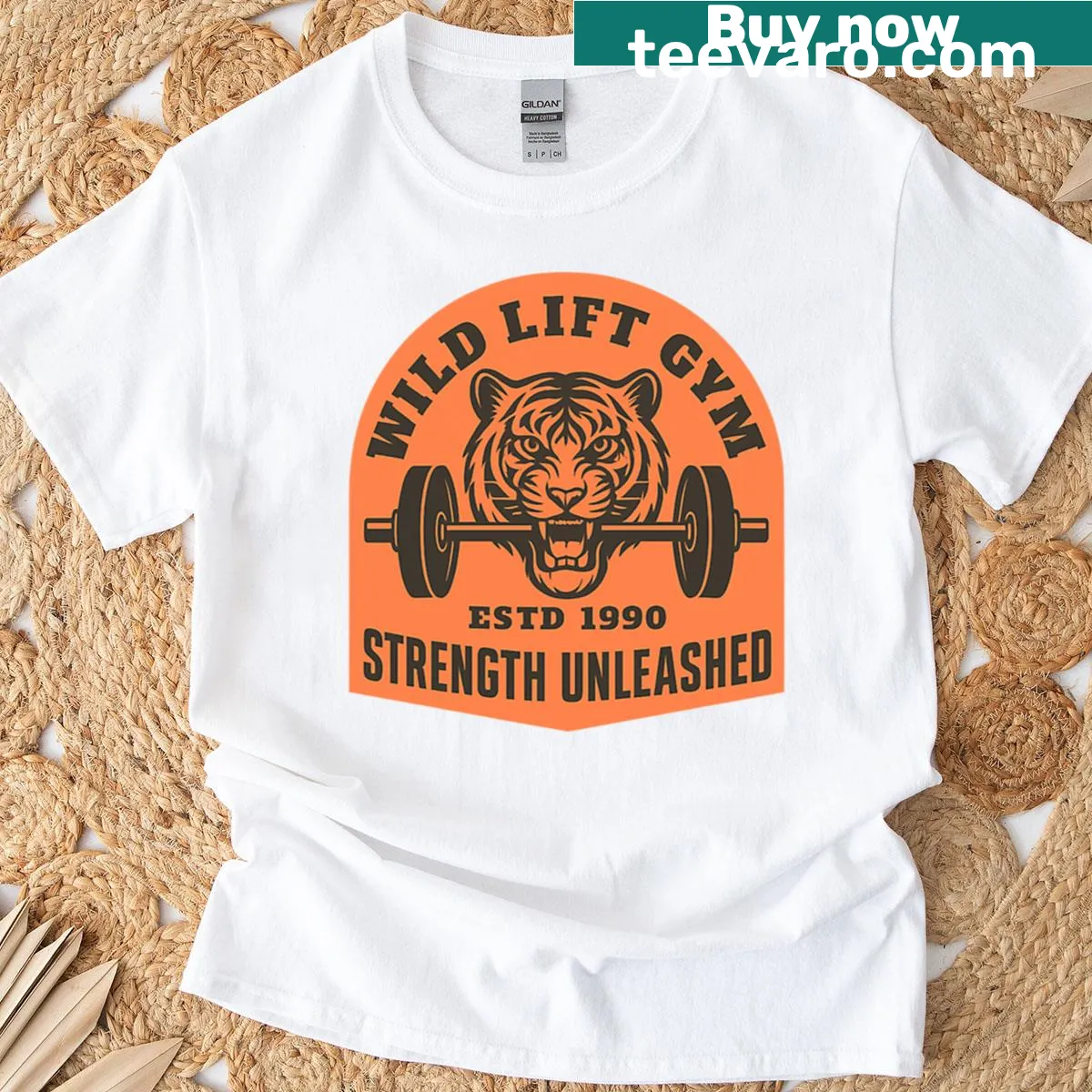 Oversized T-shirt featuring a retro gym emblem with a tiger and barbell — on a men's t-shirt