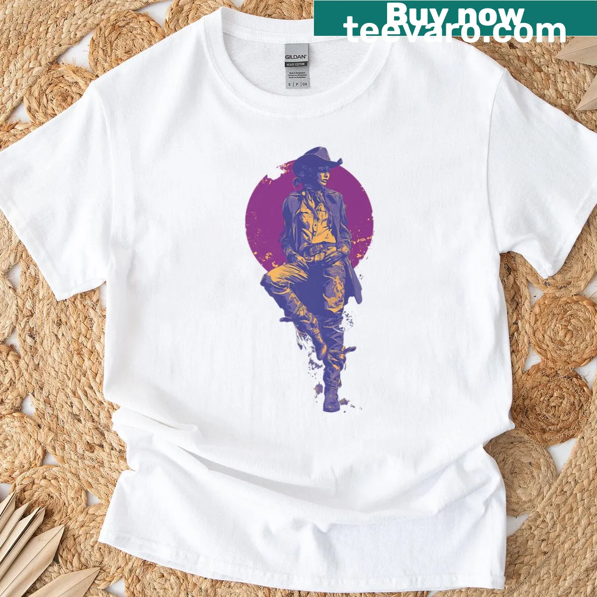 Vintage distressed cowgirl graphic t-shirt leaning on barn — on a men's t-shirt