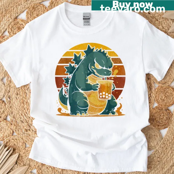 Illustration of a happy kaiju drinking boba tea on a vintage t-shirt