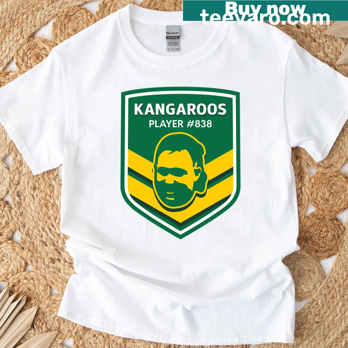 Kangaroo logo T-shirt representing Australia, badge-emblem style — on a men's t-shirt