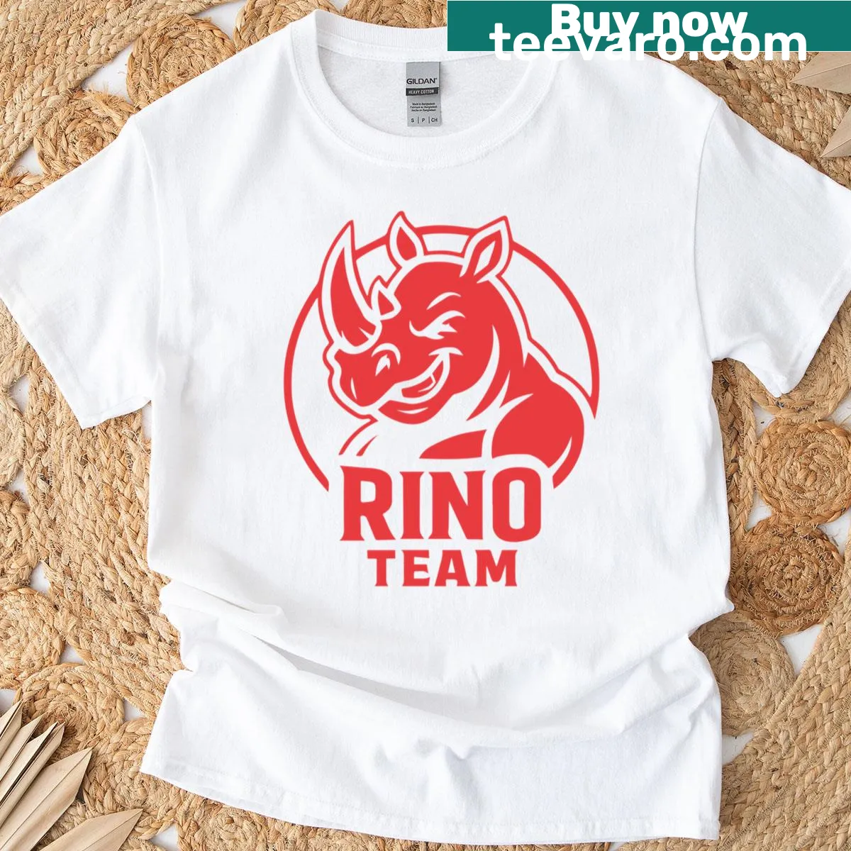 Oversized T-shirt featuring a fierce rhino mascot logo — on a men's t-shirt