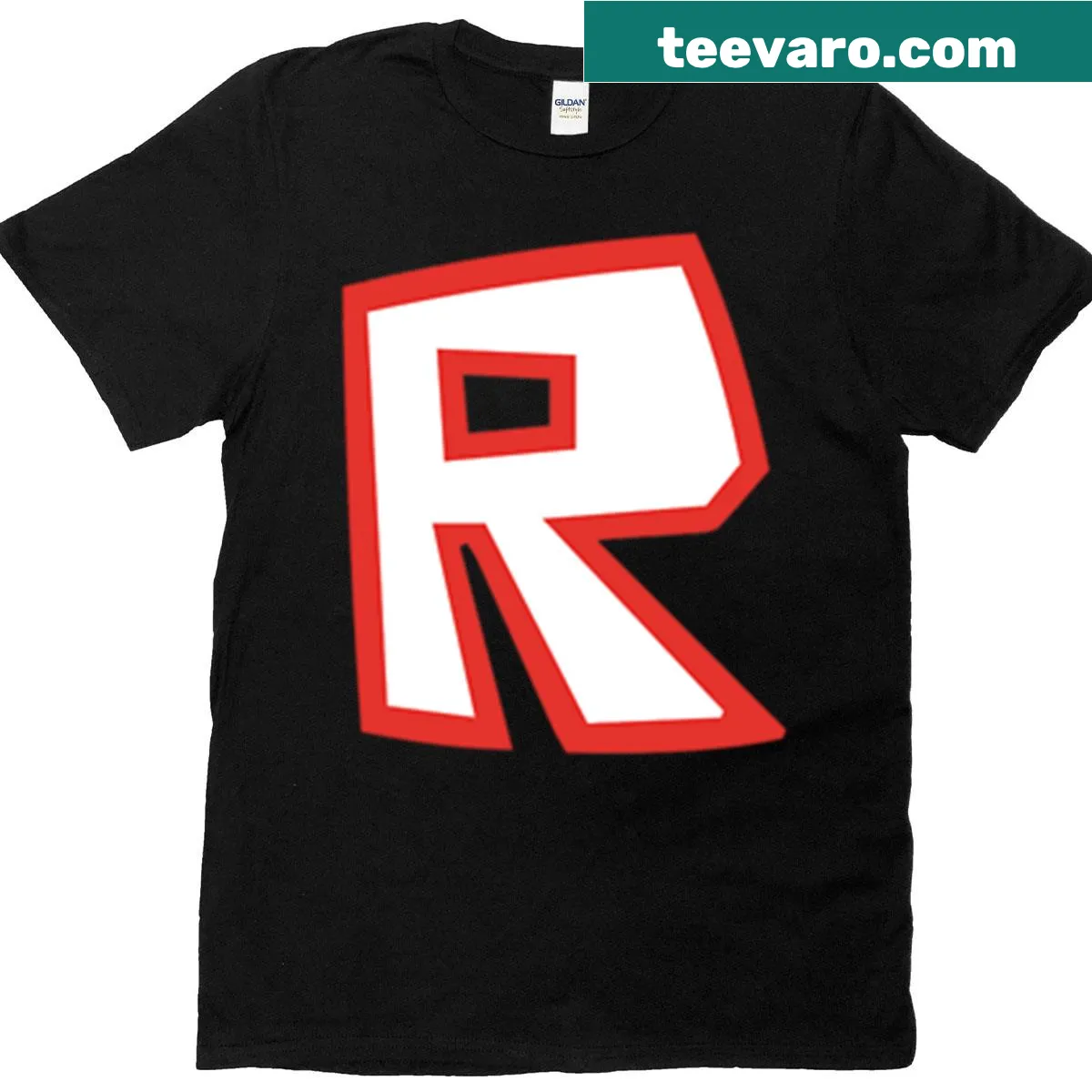 Roblox R logo design on an off-center t-shirt — on a men's t-shirt