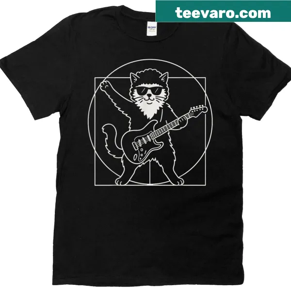 Cartoon style T-shirt featuring a cat playing guitar in Vitruvian Man style