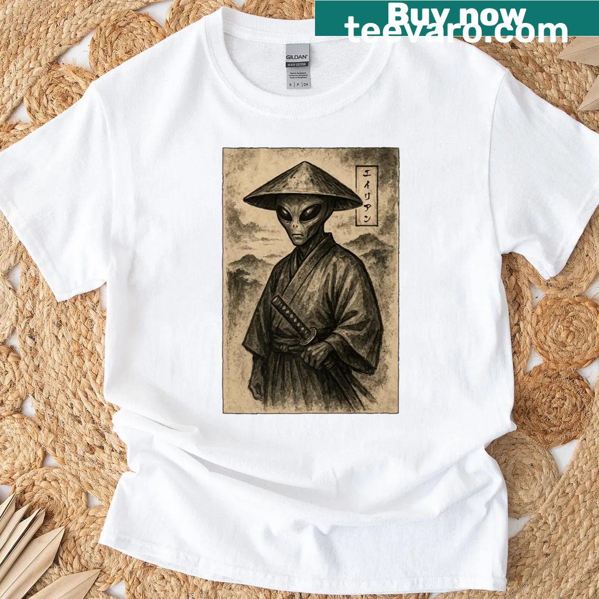 Samurai alien graphic t-shirt inspired by Edo painting — on a men's t-shirt