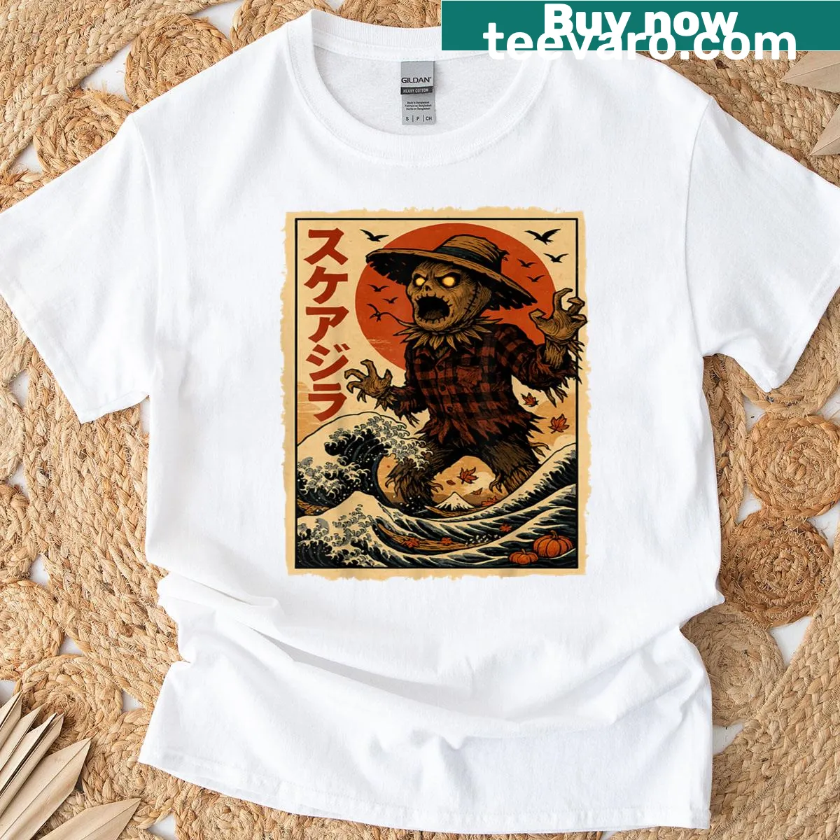 Retro scarecrow design capturing Halloween horror themes — on a men's t-shirt