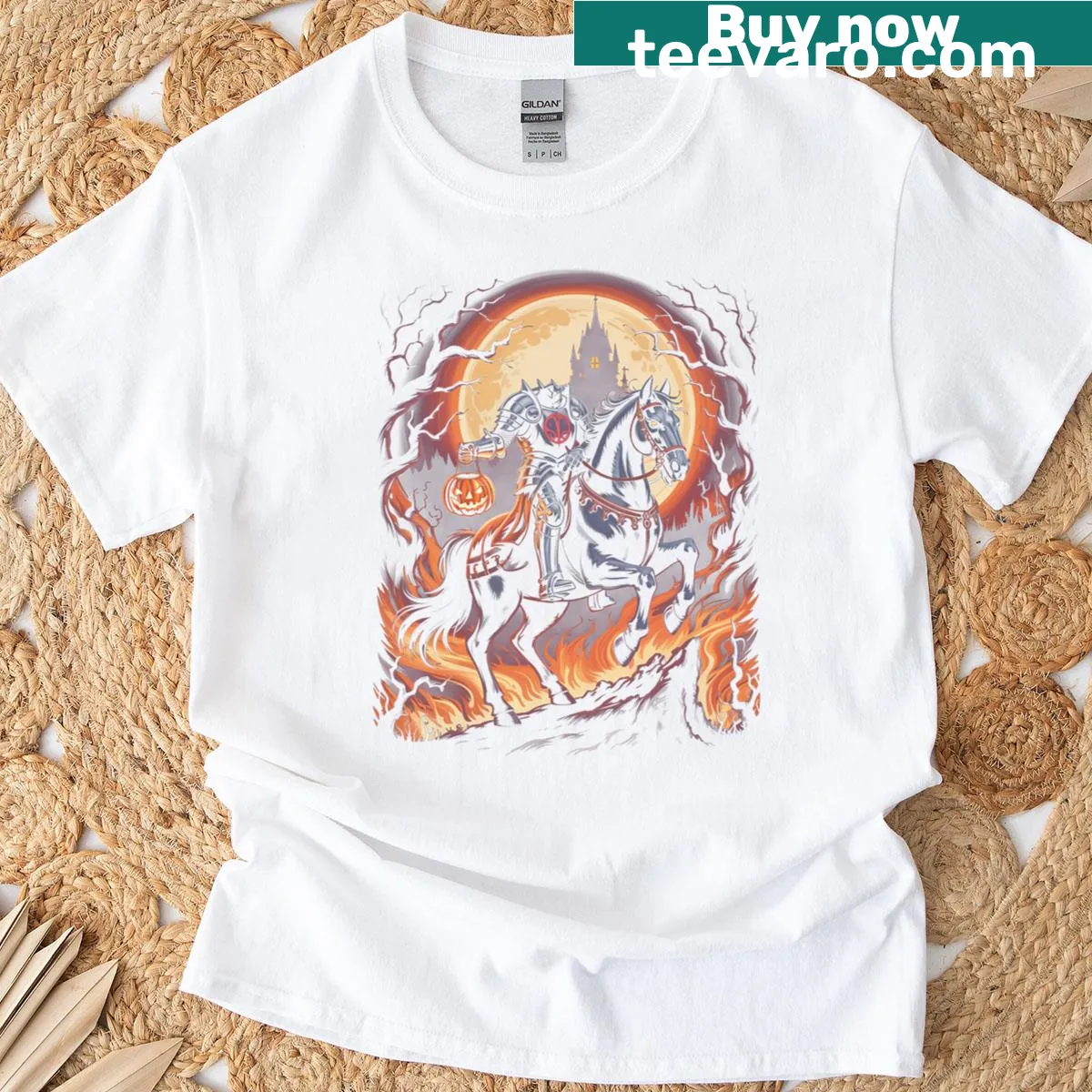 Illustration of a headless horseman with a pumpkin head on a t-shirt — on a men's t-shirt