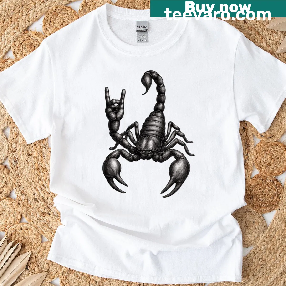 Retro T-shirt with scorpion making rock gesture — on a men's t-shirt