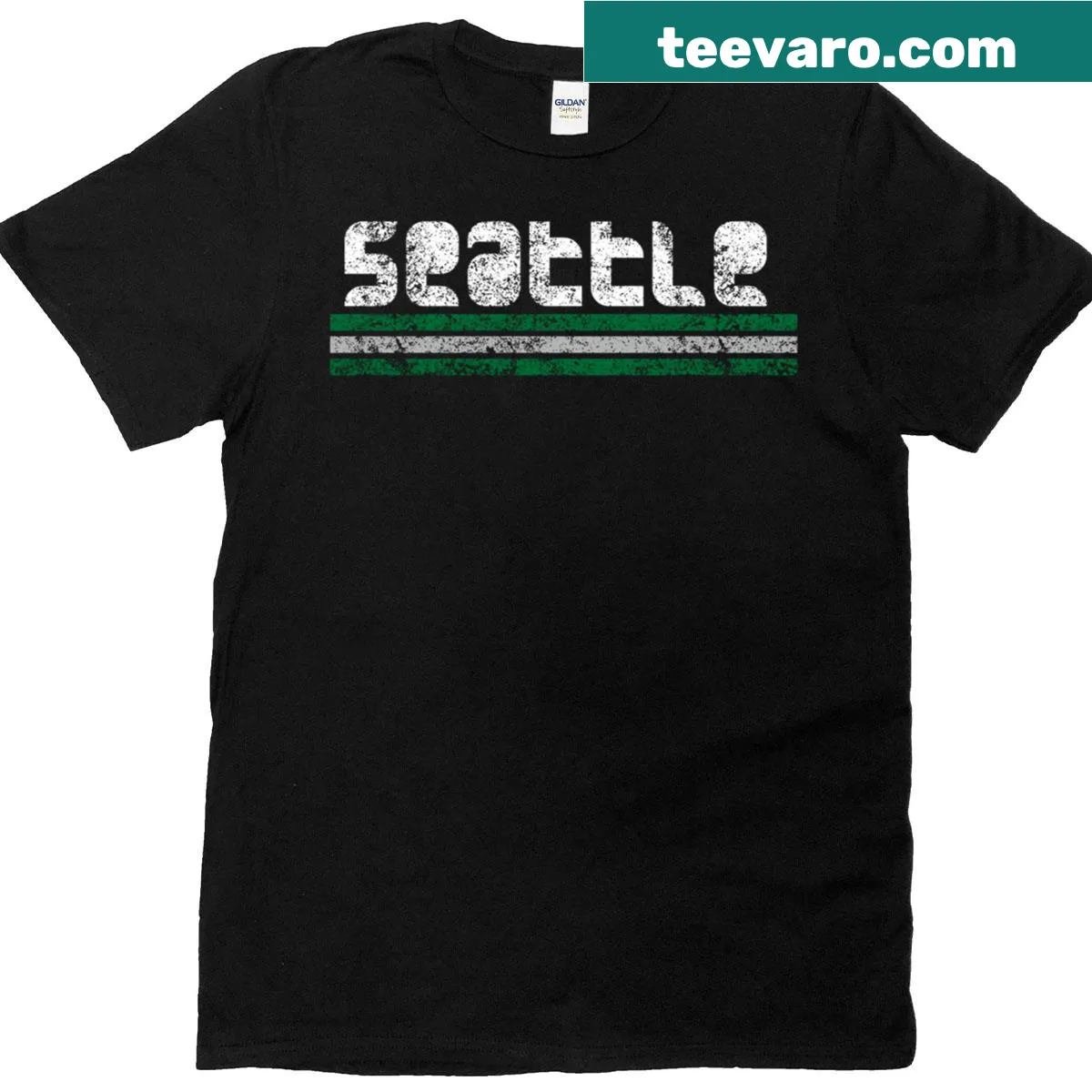 Weathered vintage T-shirt featuring Seattle's skyline and landmarks — on a men's t-shirt