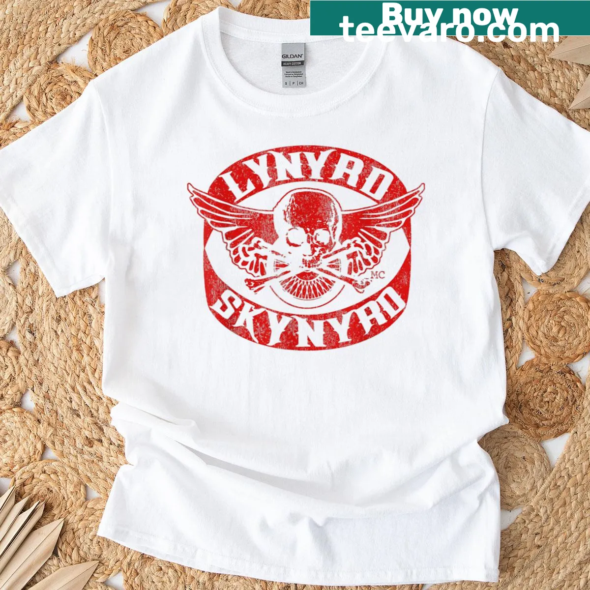 70s retro skull logo artwork t-shirt for rock and biker fans — on a men's t-shirt