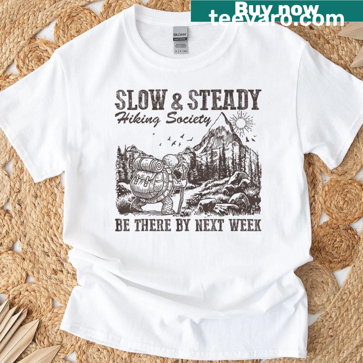 Funny turtle graphic on a hiking-themed T-shirt. — on a men's t-shirt