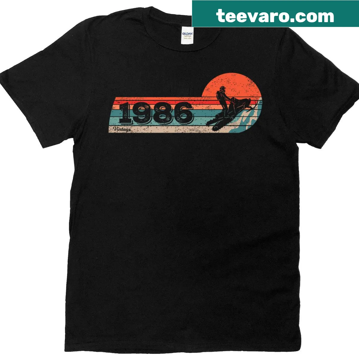 Retro snowmobiling design celebrating those born in 1986 — on a men's t-shirt