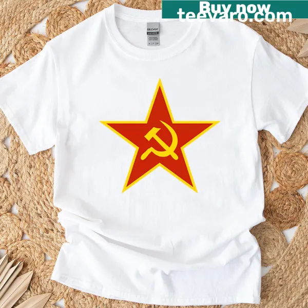 T-shirt with Soviet star, hammer, and sickle graphic in yellow outline