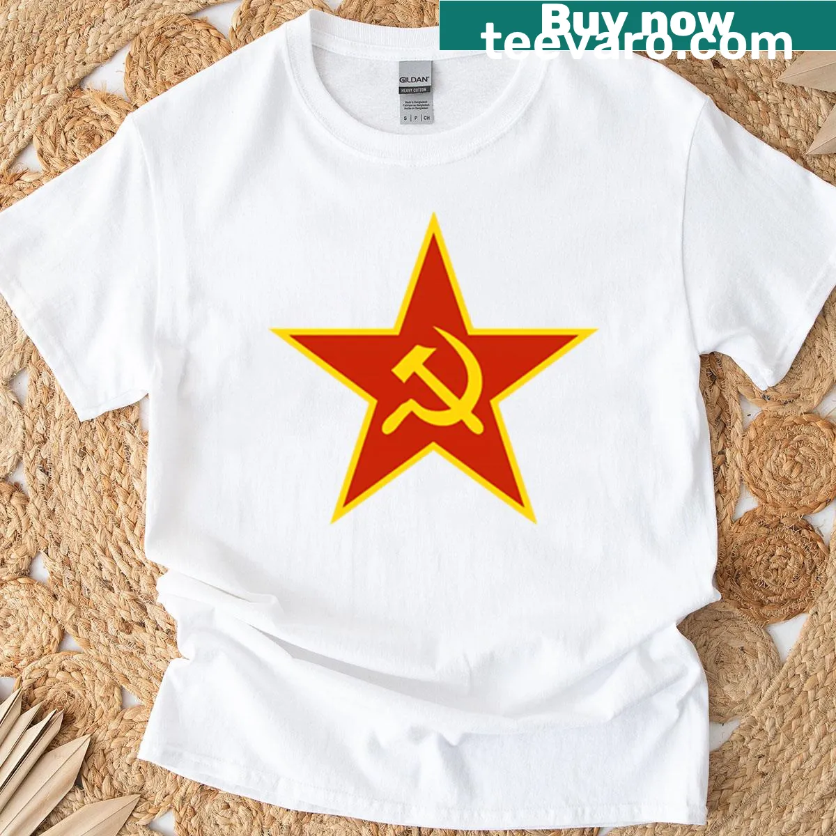 T-shirt with Soviet star, hammer, and sickle graphic in yellow outline — on a men's t-shirt