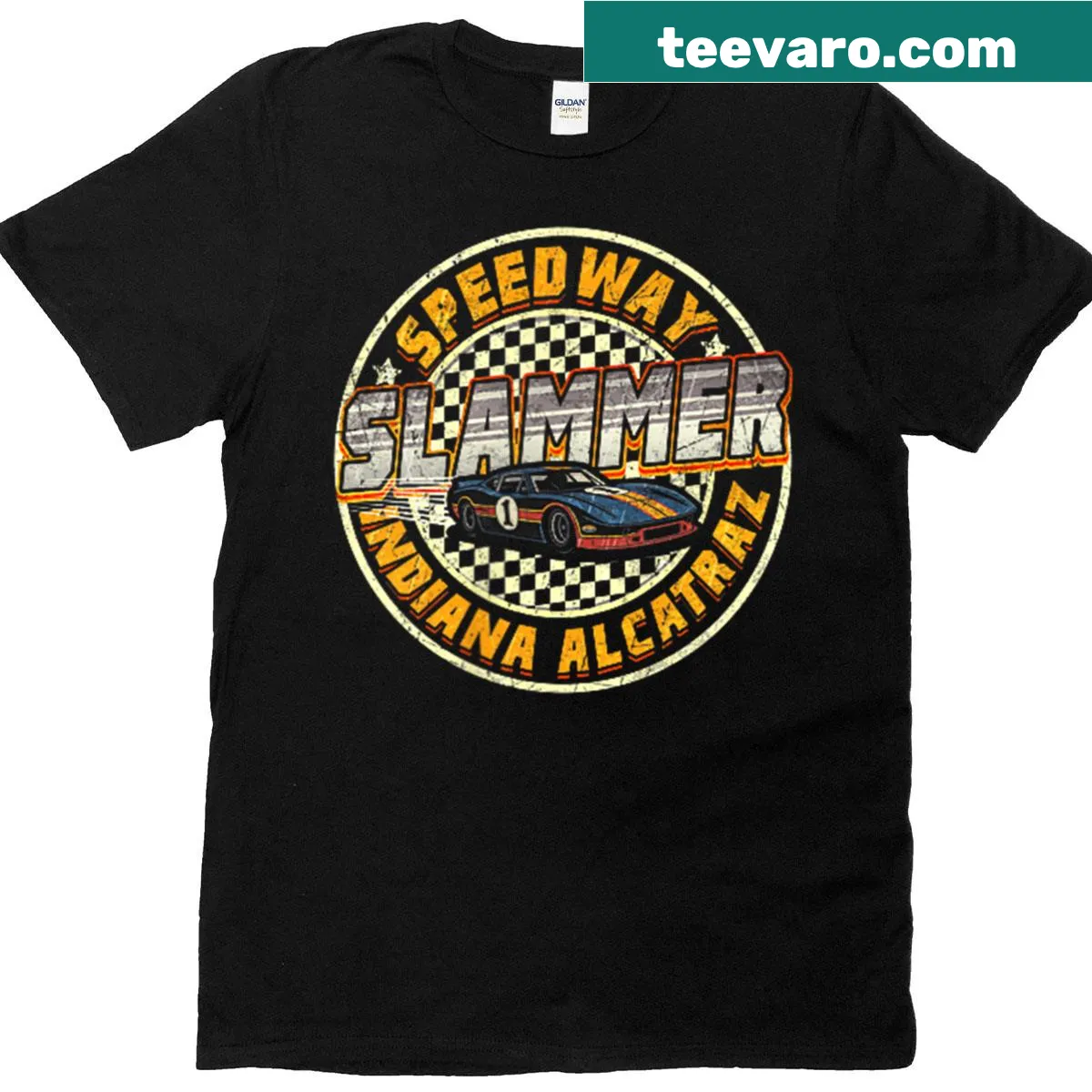 Retro racing-themed graphic on a Speedway Slammer t-shirt — on a men's t-shirt