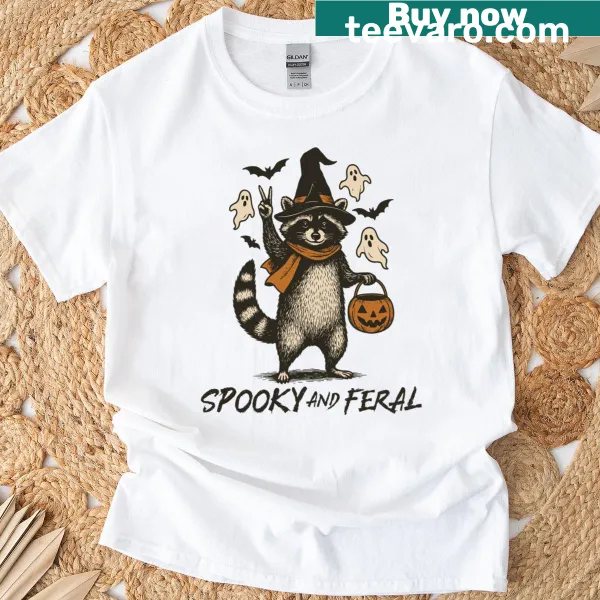 Whimsical raccoon wearing a witch hat Halloween t-shirt