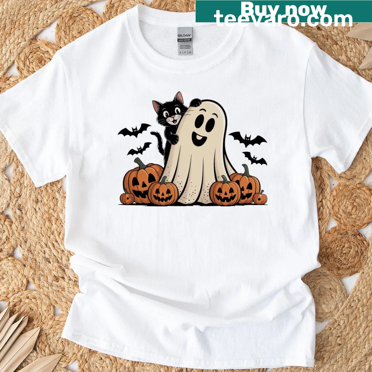 Retro Halloween t-shirt featuring spooky black cats and ghosts — on a men's t-shirt