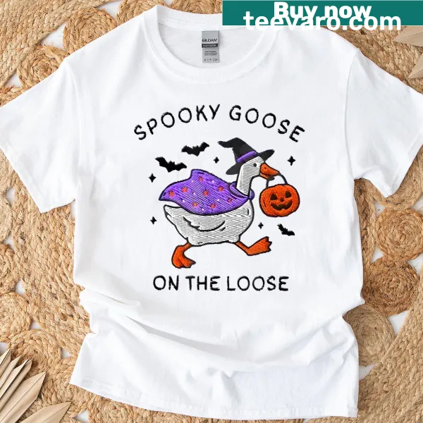 Cartoon goose in witch costume Halloween t-shirt
