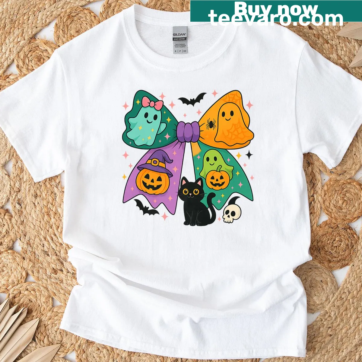 Halloween-themed T-shirt featuring a ghost, bow and black cat — on a men's t-shirt