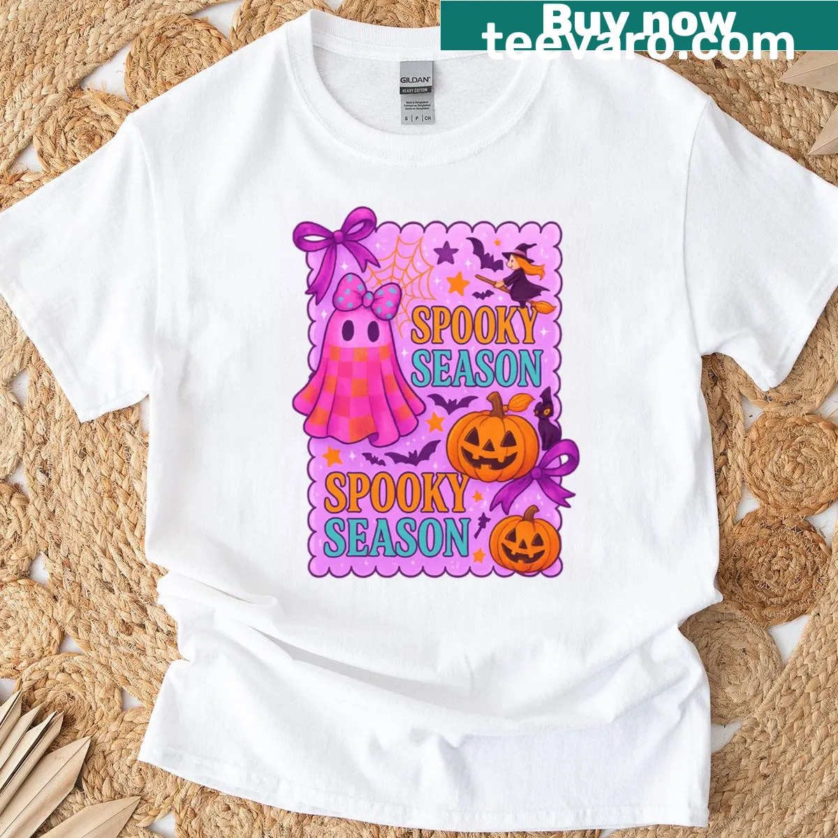 Halloween T-shirt with cartoon ghost and pumpkins graphic — on a men's t-shirt