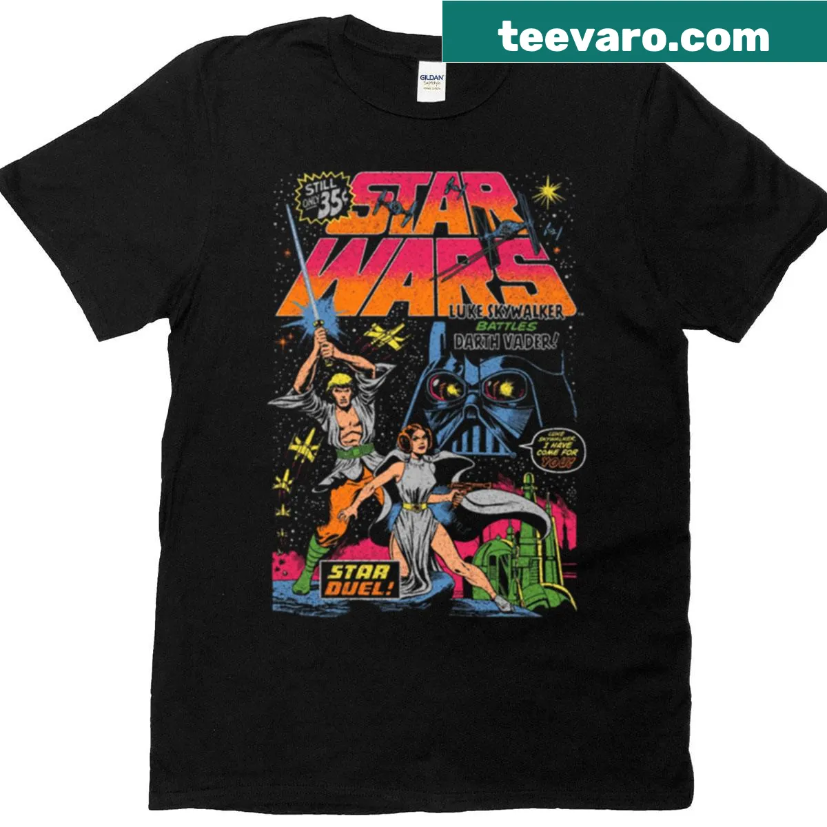 Illustrated Star Duel T-shirt with starships in battle — on a men's t-shirt