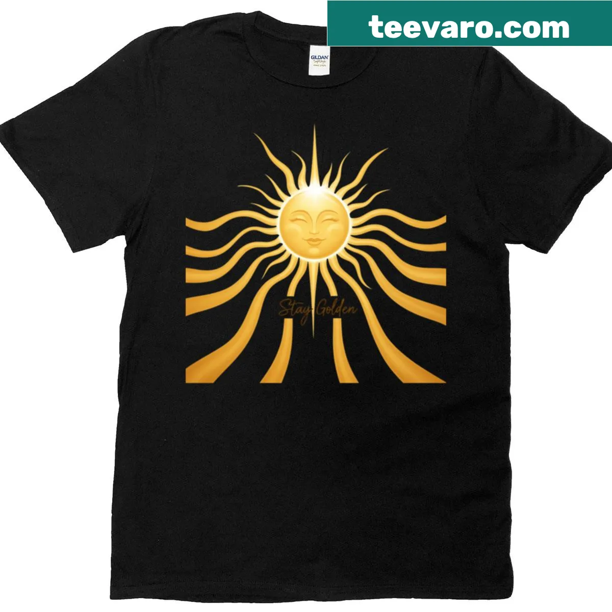 Vintage sun logo T-shirt with 'Stay Golden' text — on a men's t-shirt