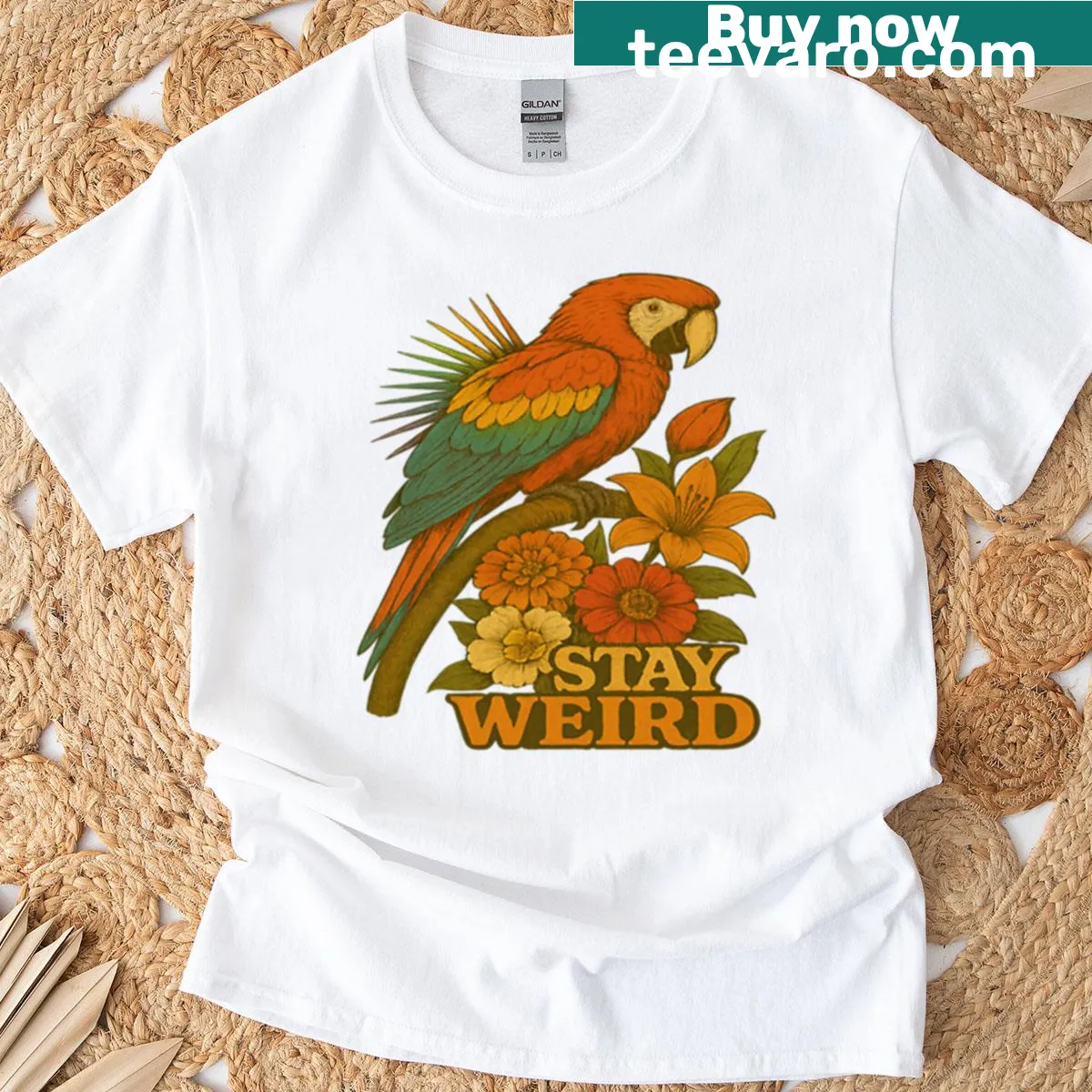 Retro typography t-shirt with 'Stay Weird' slogan — on a men's t-shirt