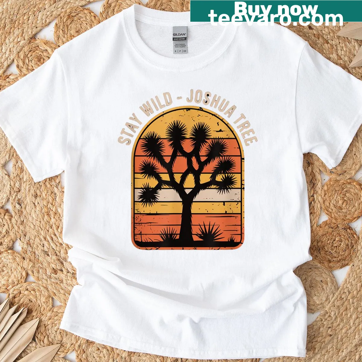 Retro nature T-shirt featuring Joshua Tree sunset artwork — on a men's t-shirt