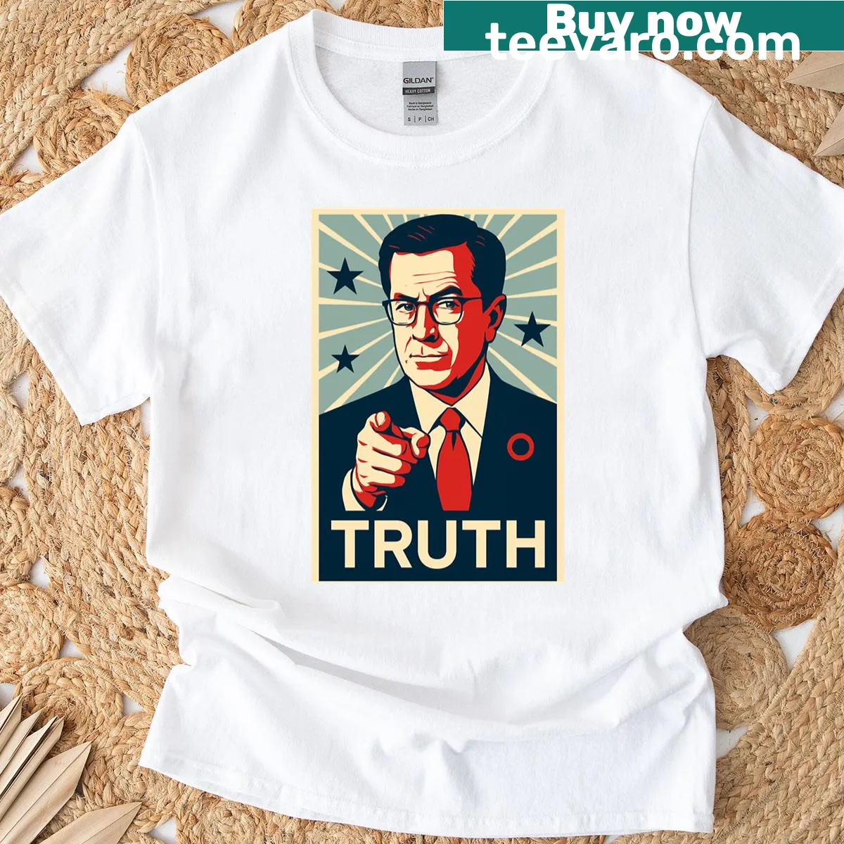 Oversized T-shirt featuring Stephen Colbert pop-art design — on a men's t-shirt