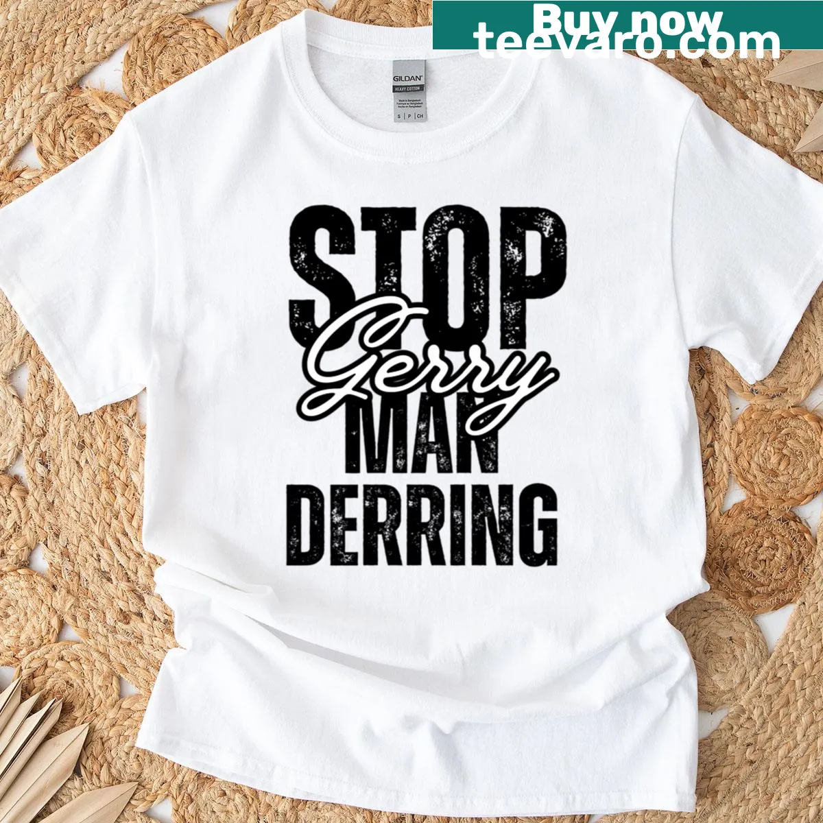 Bold text graphic tee stating Stop The Gerrymandering and Stop Fascism — on a men's t-shirt